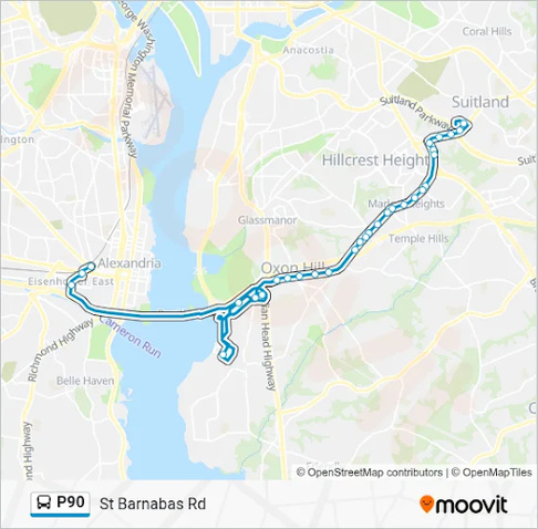 P90 bus route map from King St-Old Town station to National Harbor